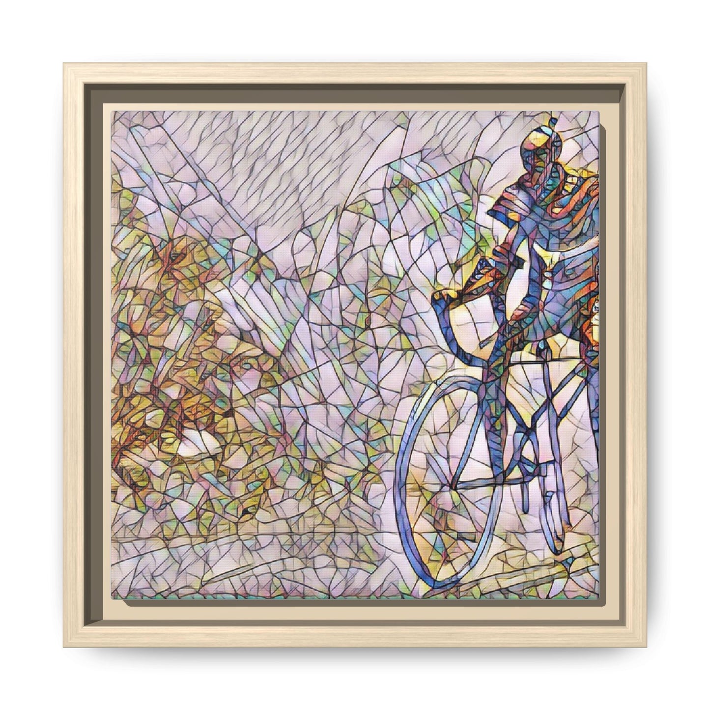 Colorful Cyclist Stained-Glass Art — Framed Matte Canvas
