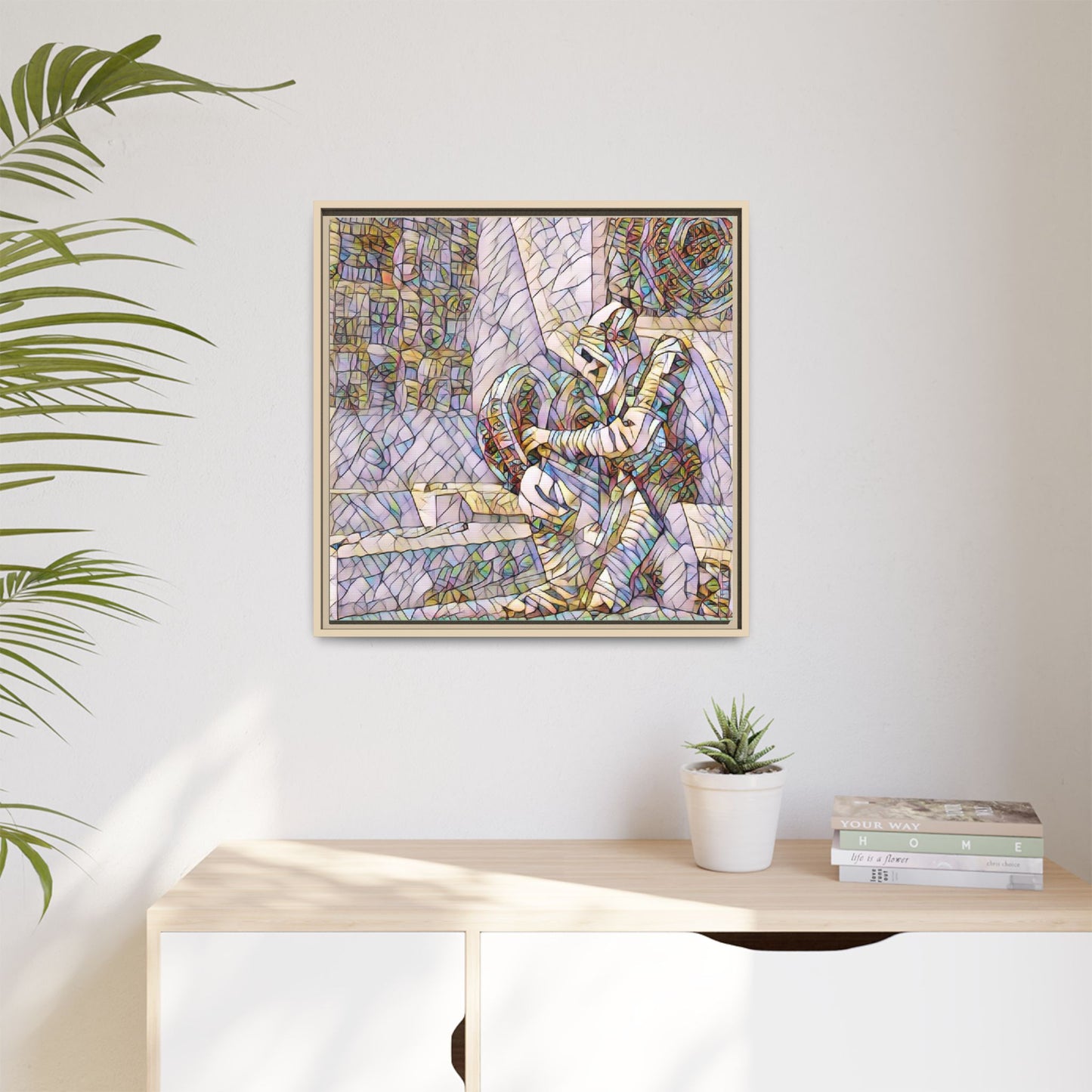 Framed Matte Canvas Art — Colorful Stained-Glass Astronaut Embrace
