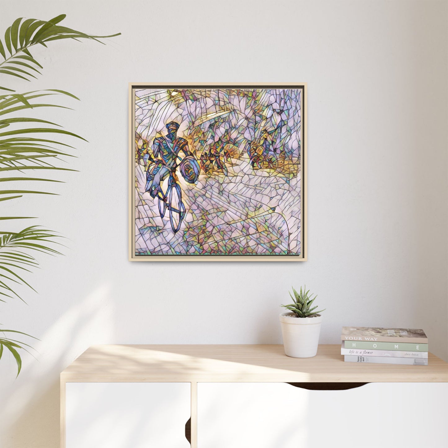 Cyclist Mosaic Matte Canvas Framed Wall Art — Colorful Biking Scene