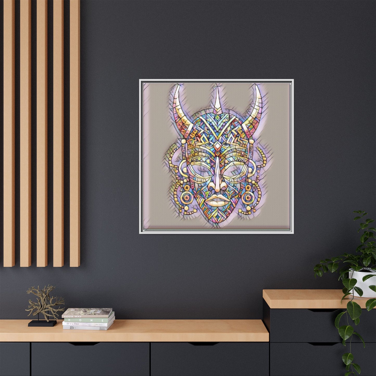 Colorful Tribal Mask Framed Canvas Art — Abstract Ethnic Wall Decor