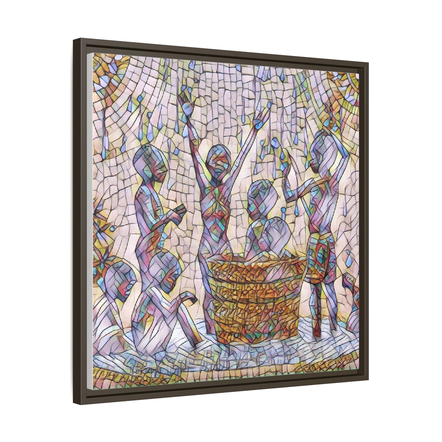 Framed Matte Canvas Art — Children Playing Mosaic Illustration