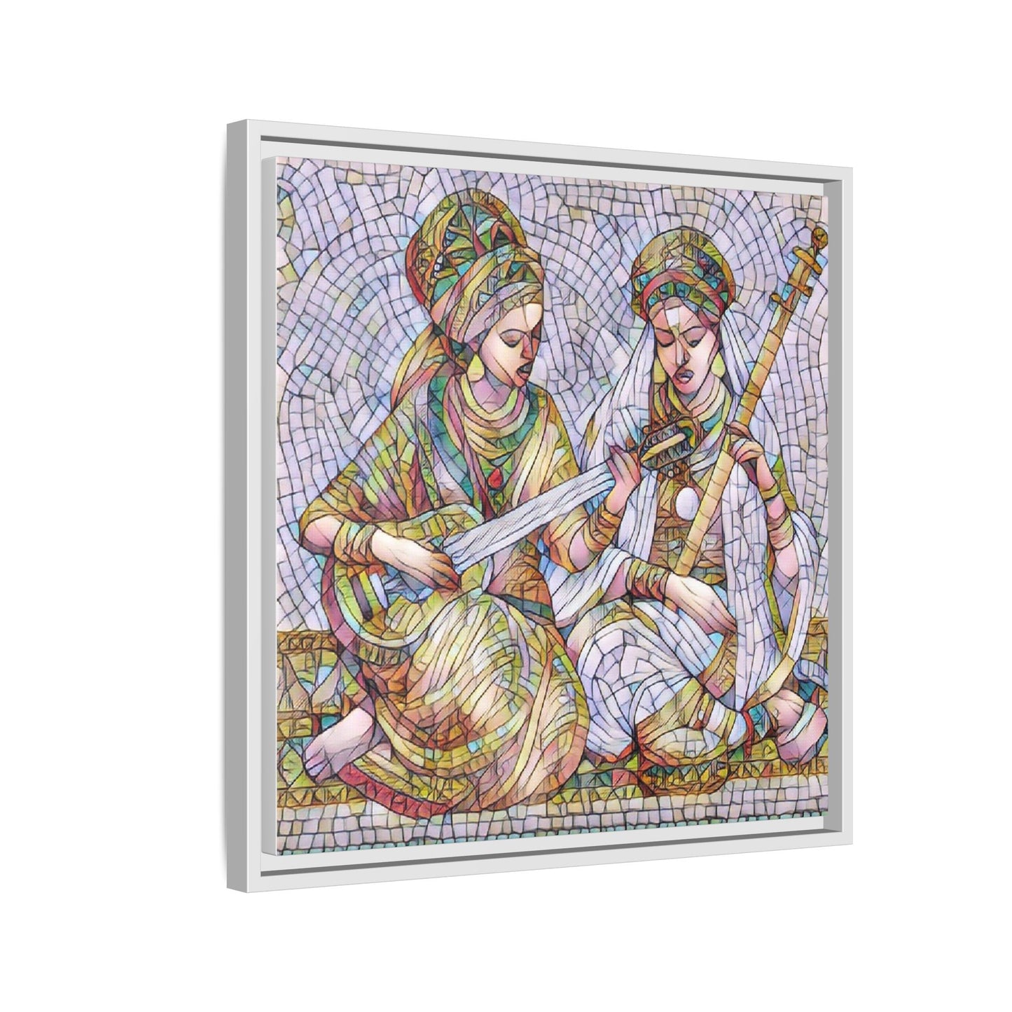 Framed Mosaic Art Print — Two Women Playing Lutes (Matte Canvas)