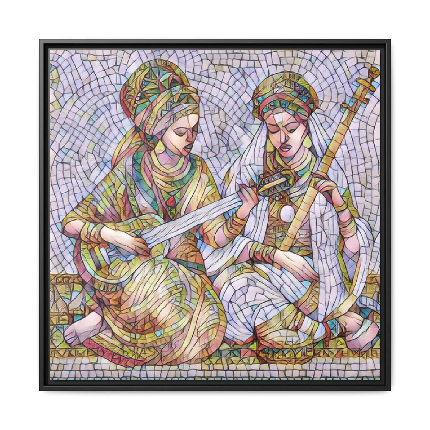 Framed Mosaic Art Print — Two Women Playing Lutes (Matte Canvas)