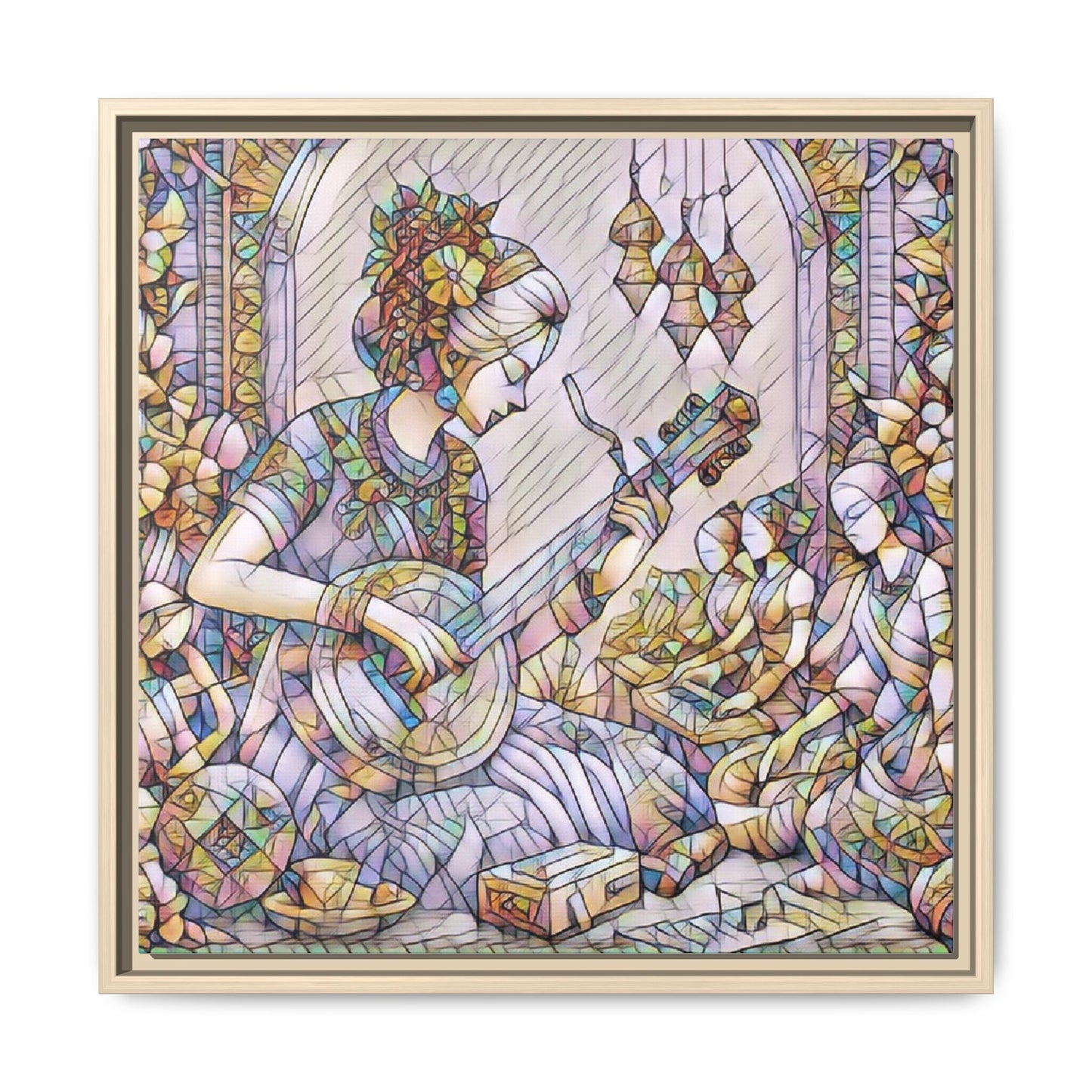 Framed Matte Canvas: Bohemian Woman Playing Lute — Stained-Glass Style Wall Art