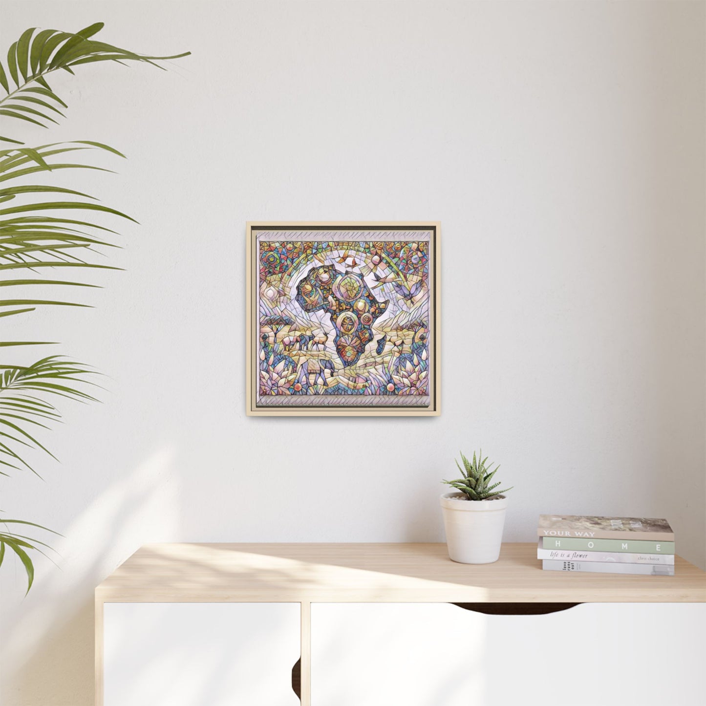 Abstract Mosaic Africa Framed Canvas — Colorful Stained-Glass Wall Art