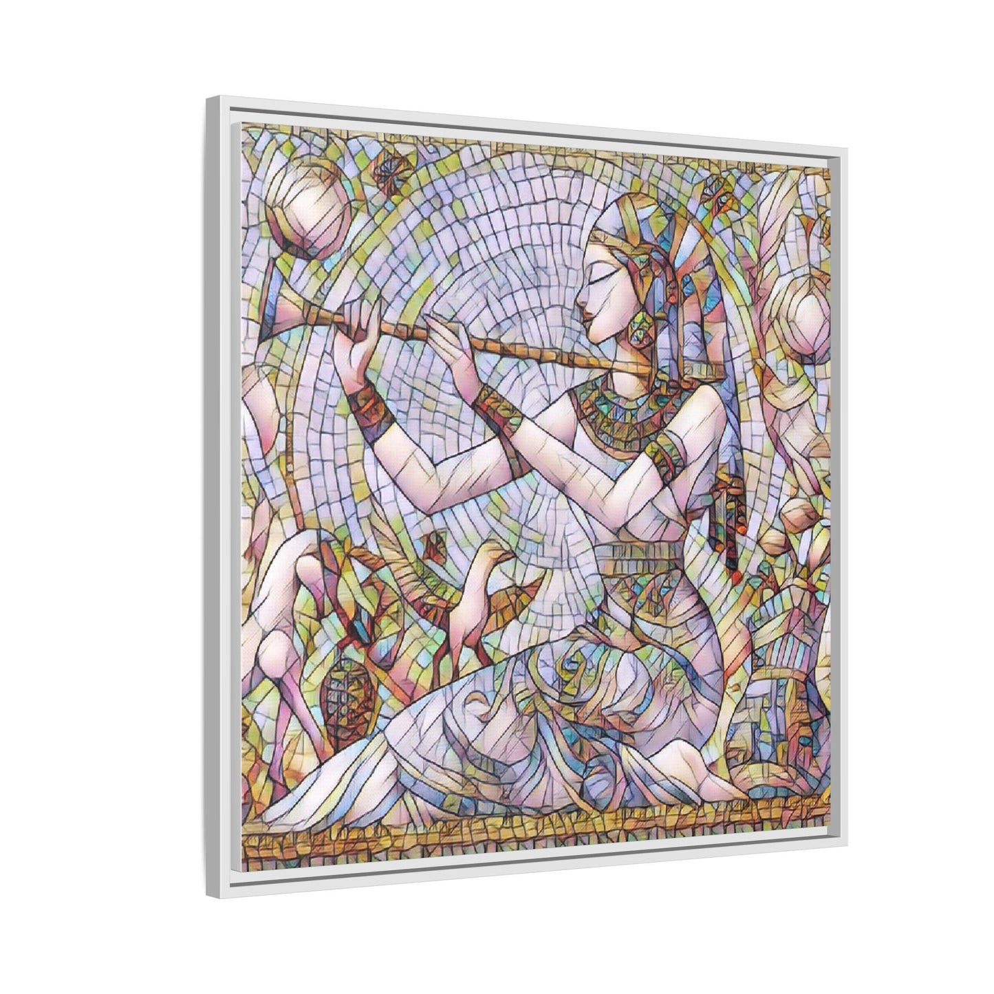 Egyptian Flute Player Framed Canvas Art — Colorful Mosaic Wall Decor