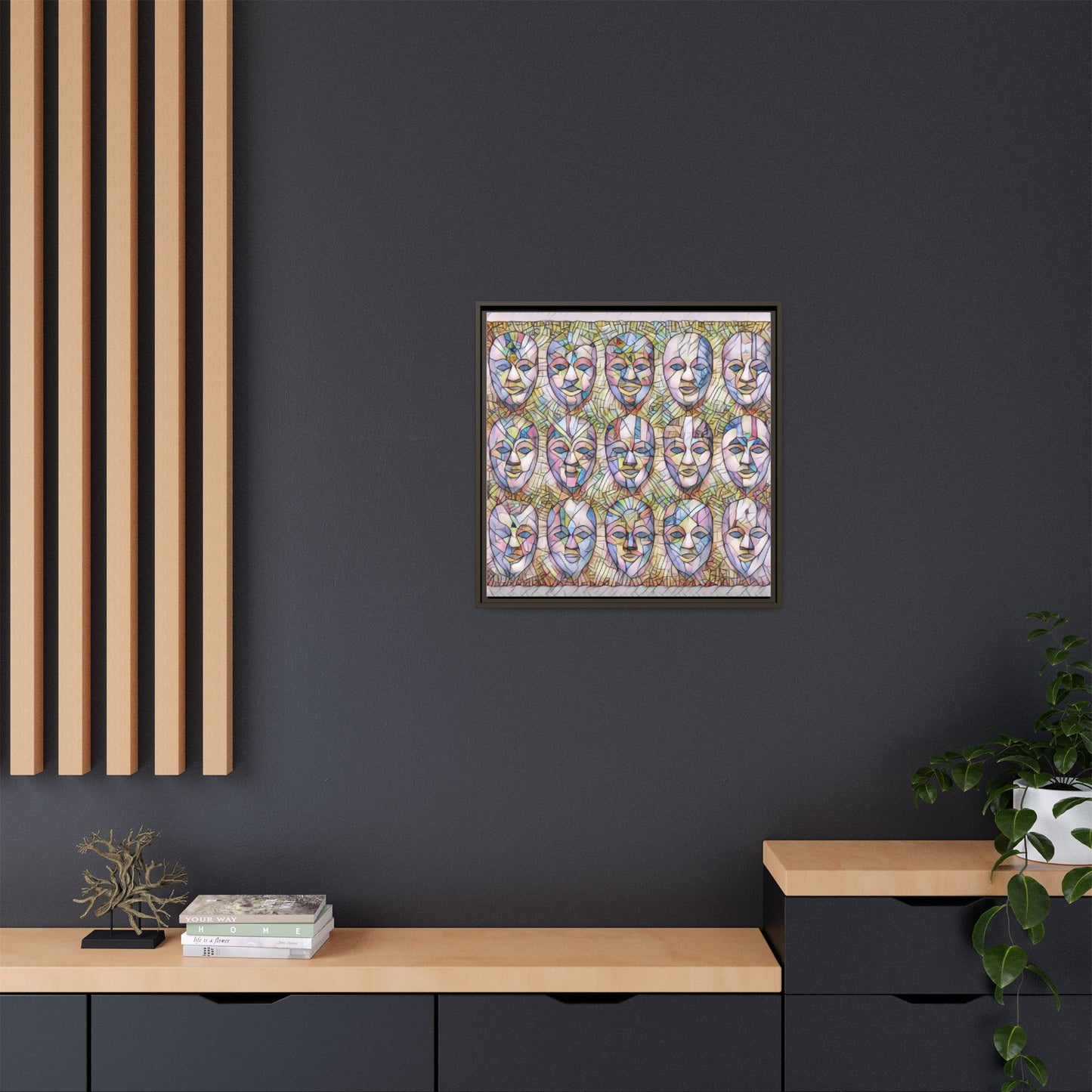 Abstract Mask Art Matte Canvas Print — Framed Multicolor Wall Art