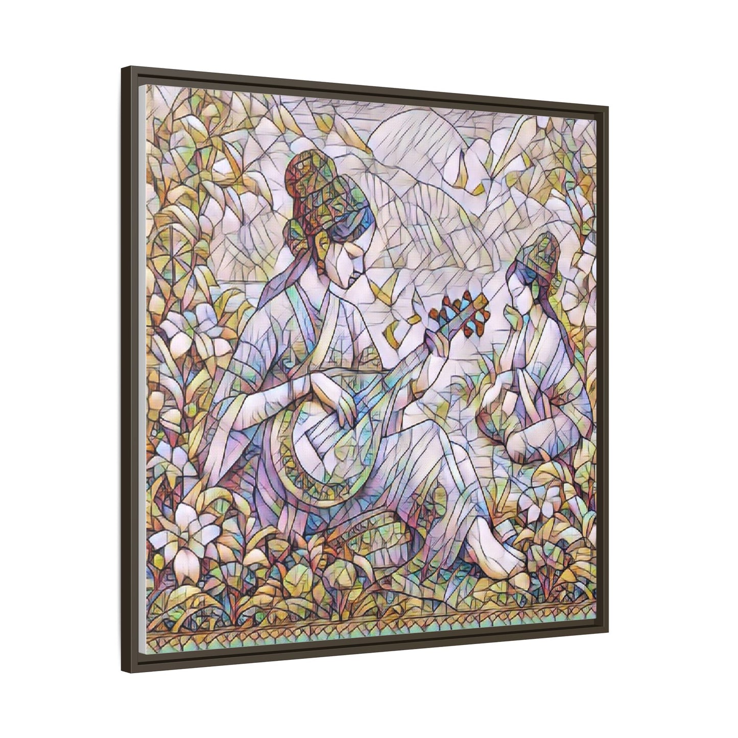 Framed Matte Canvas Art - Vintage Asian Musicians Floral Illustration