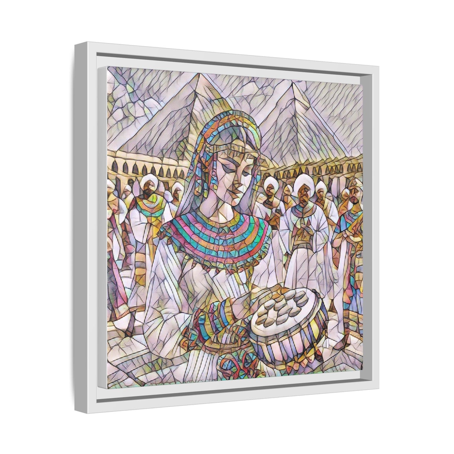 Egyptian Drum Player Framed Canvas Art — Colorful Ancient Scene Wall Decor