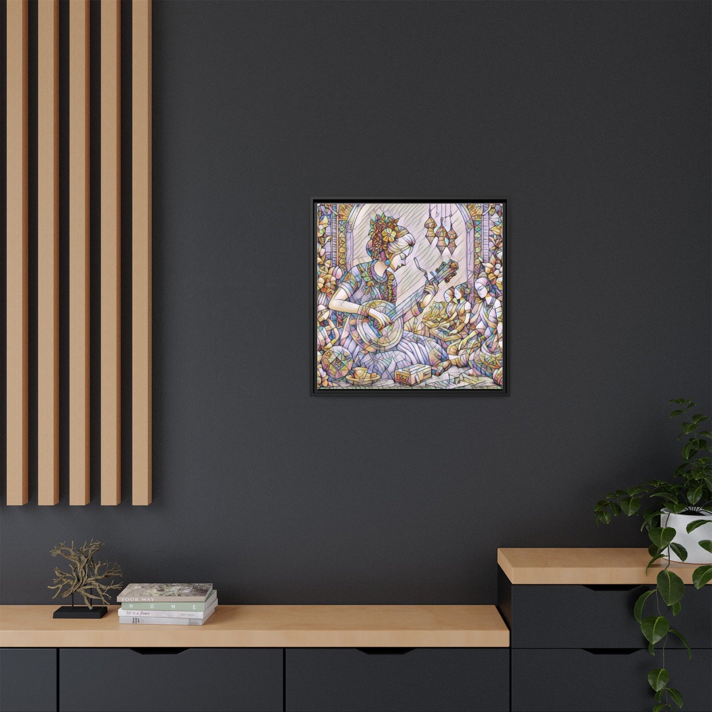 Framed Matte Canvas: Bohemian Woman Playing Lute — Stained-Glass Style Wall Art