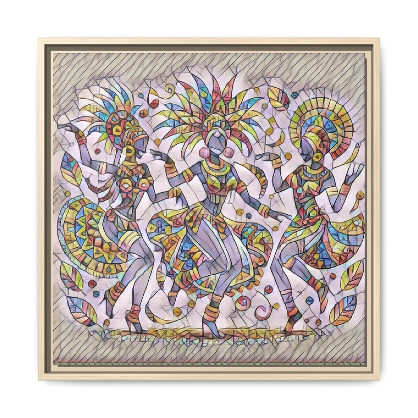 Colorful Carnival Dancers Framed Canvas Art — Multicolor Tribal Celebration Print