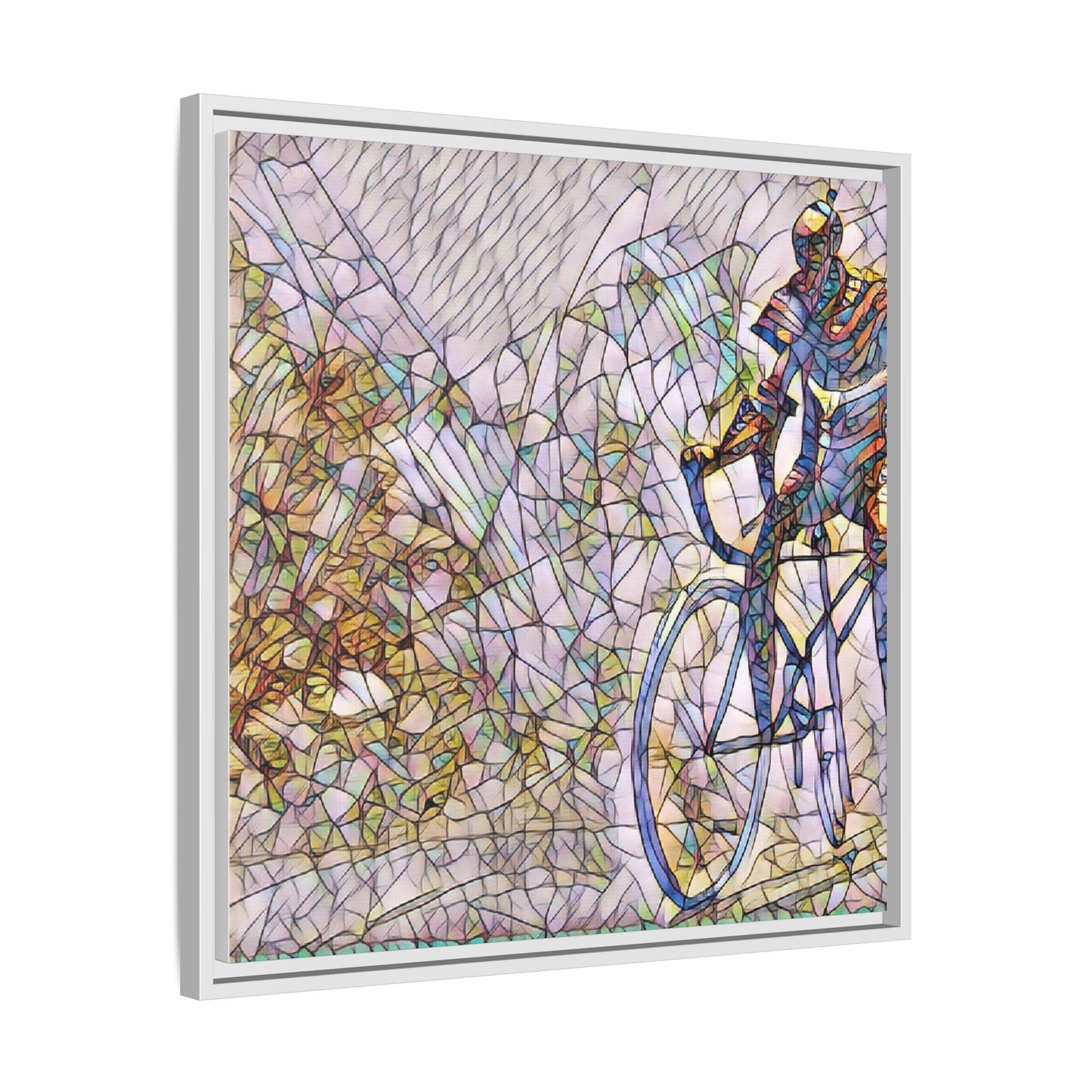 Colorful Cyclist Stained-Glass Art — Framed Matte Canvas