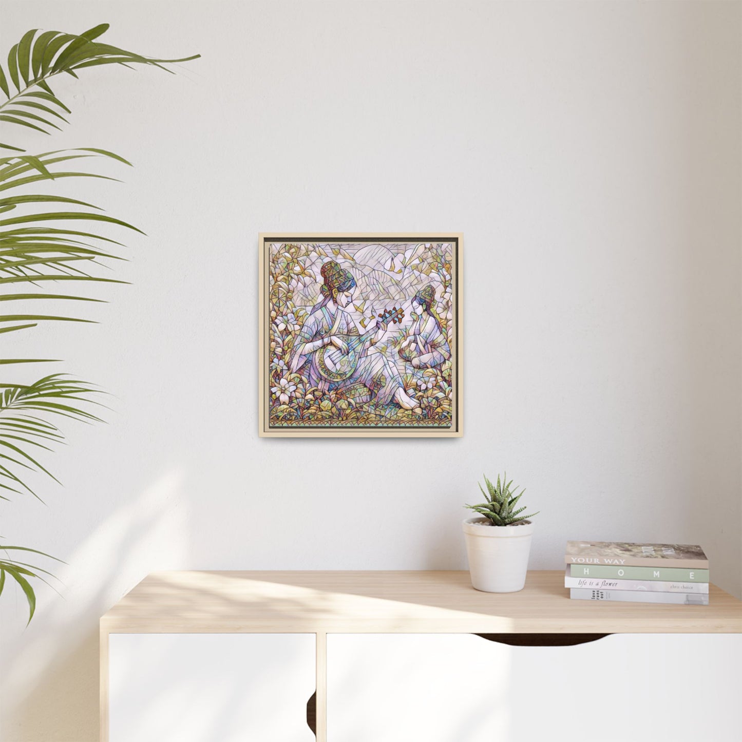 Framed Matte Canvas Art - Vintage Asian Musicians Floral Illustration