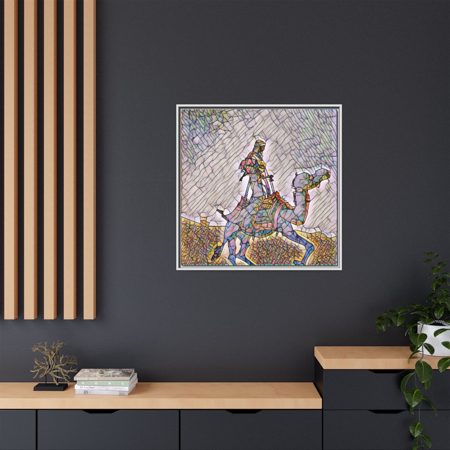Framed Camel Rider Matte Canvas Art — Colorful Mosaic Desert Wall Decor