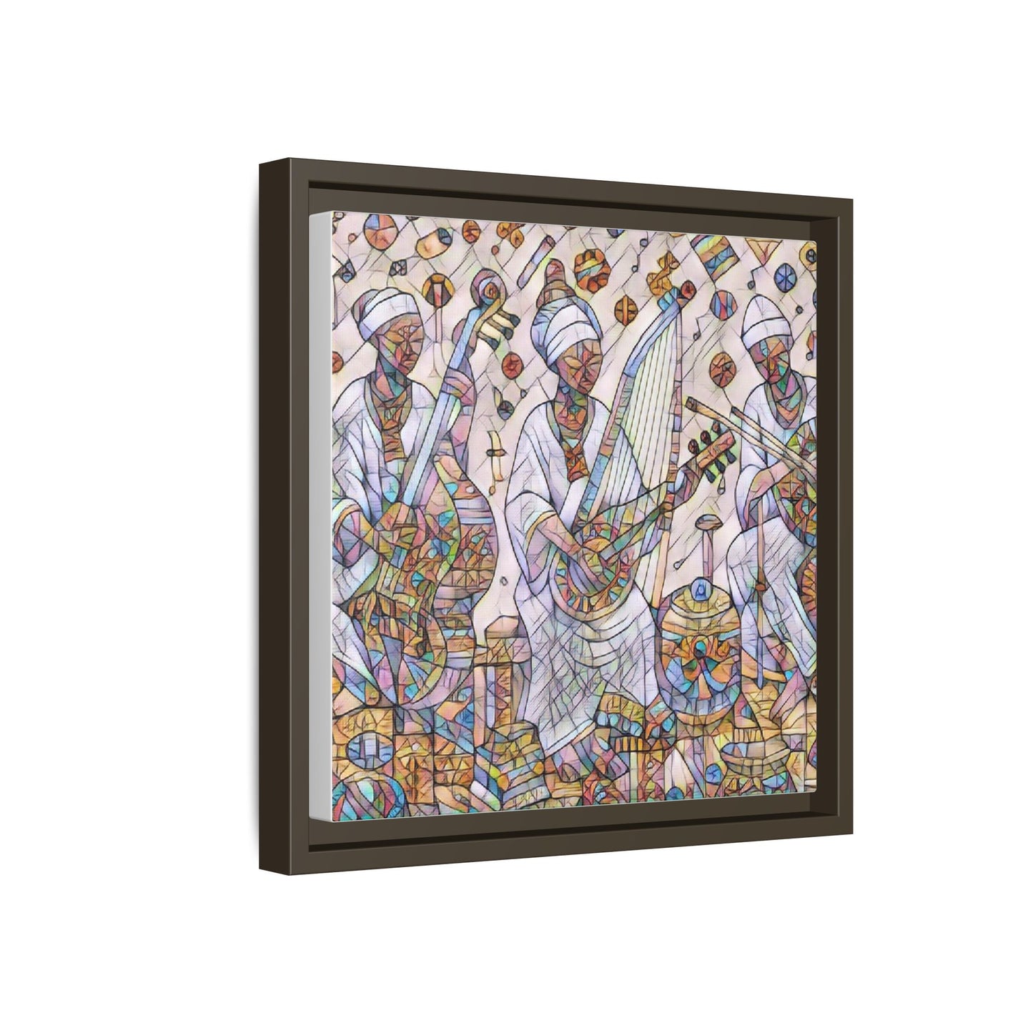 Framed Matte Canvas Print — Colorful African Musicians Stained-Glass Art