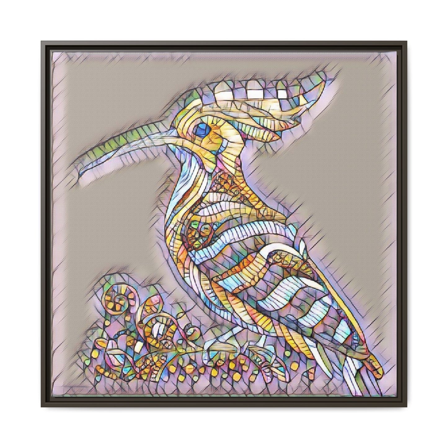 Colorful Mosaic Bird Framed Canvas Art — Whimsical Hoopoe Wall Decor