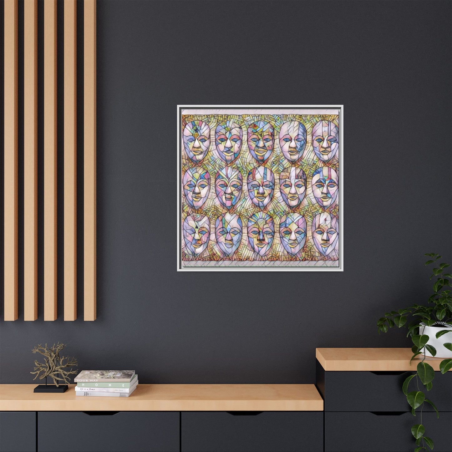 Abstract Mask Art Matte Canvas Print — Framed Multicolor Wall Art