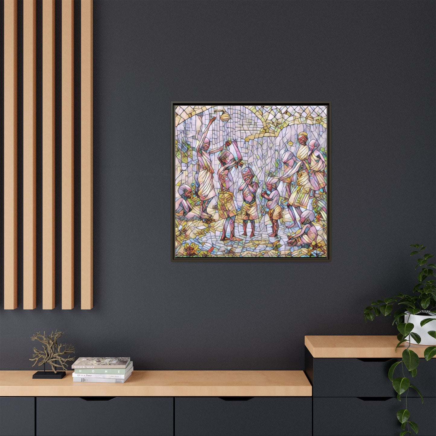 Framed Matte Canvas – Colorful Mosaic Children Playing Wall Art