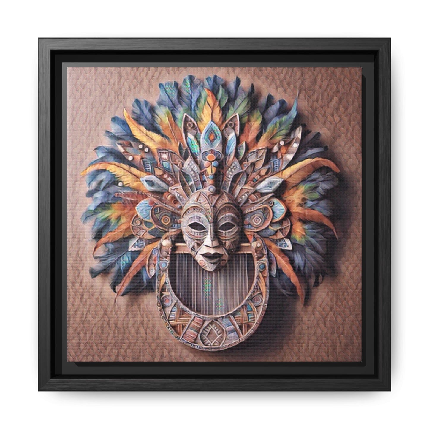 Tribal Feather Mask Framed Canvas Wall Art — Colorful Boho Decorative Print