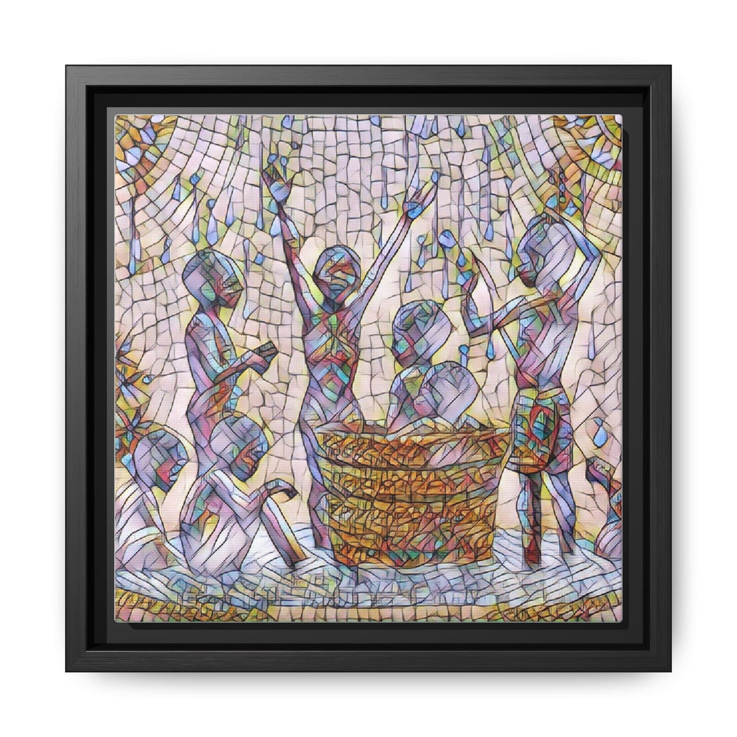 Framed Matte Canvas Art — Children Playing Mosaic Illustration