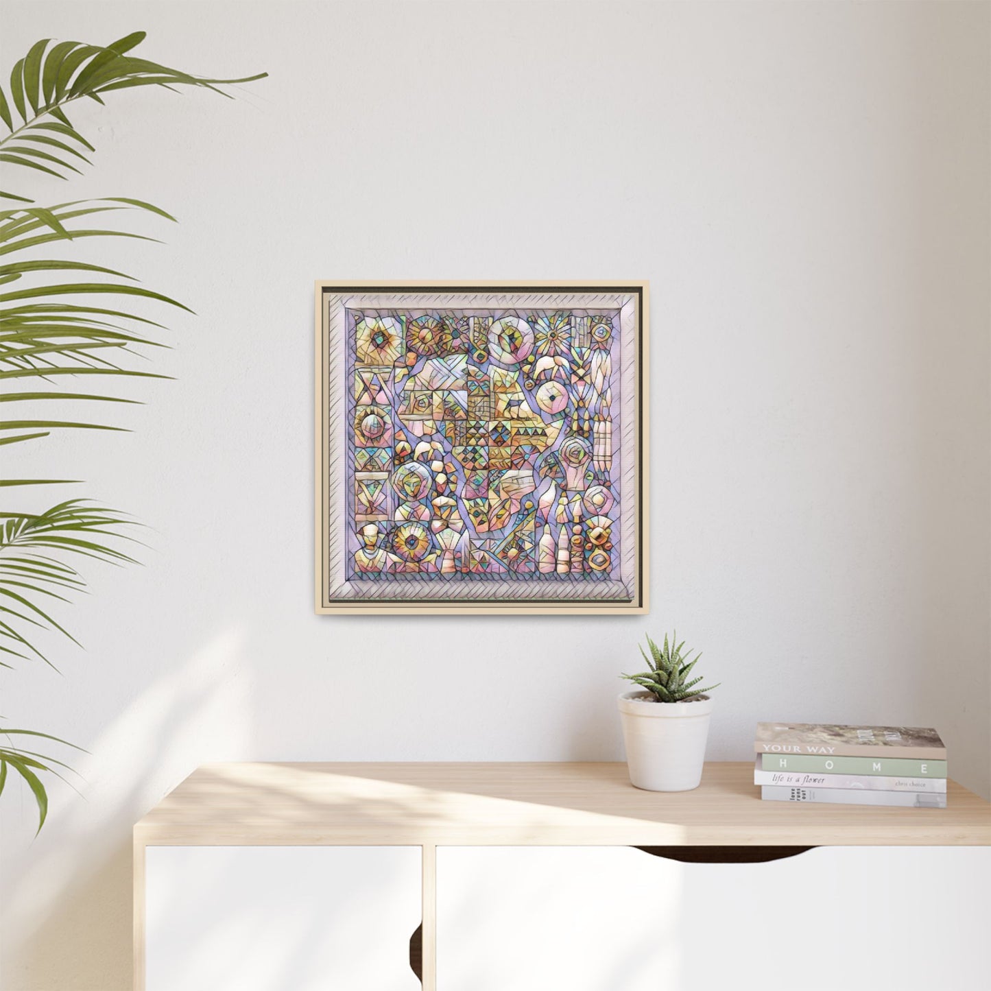 Framed Abstract Mosaic Matte Canvas Art — Pastel Geometric Wall Decor
