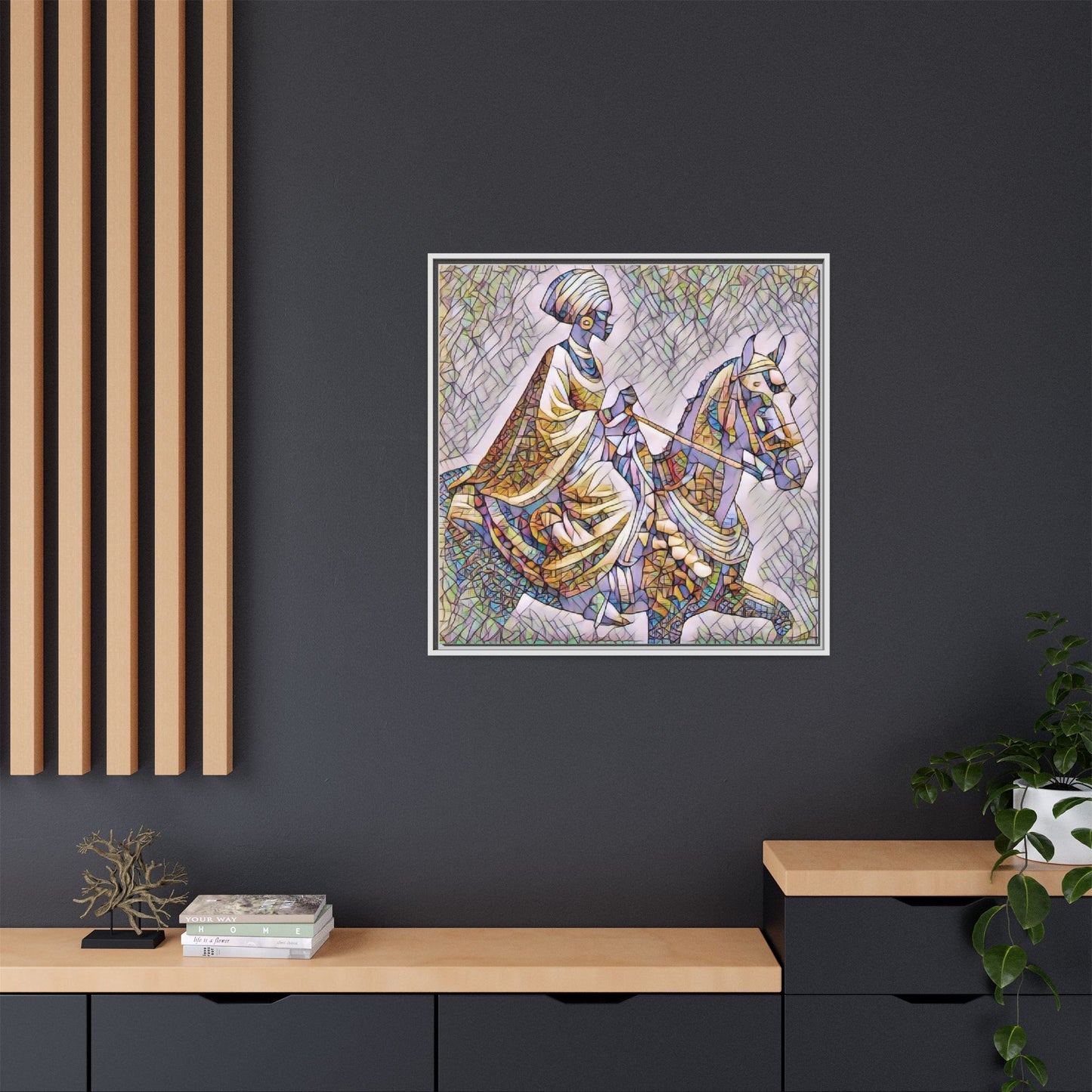Mosaic Rider Framed Canvas Art — African Horsewoman Wall Decor