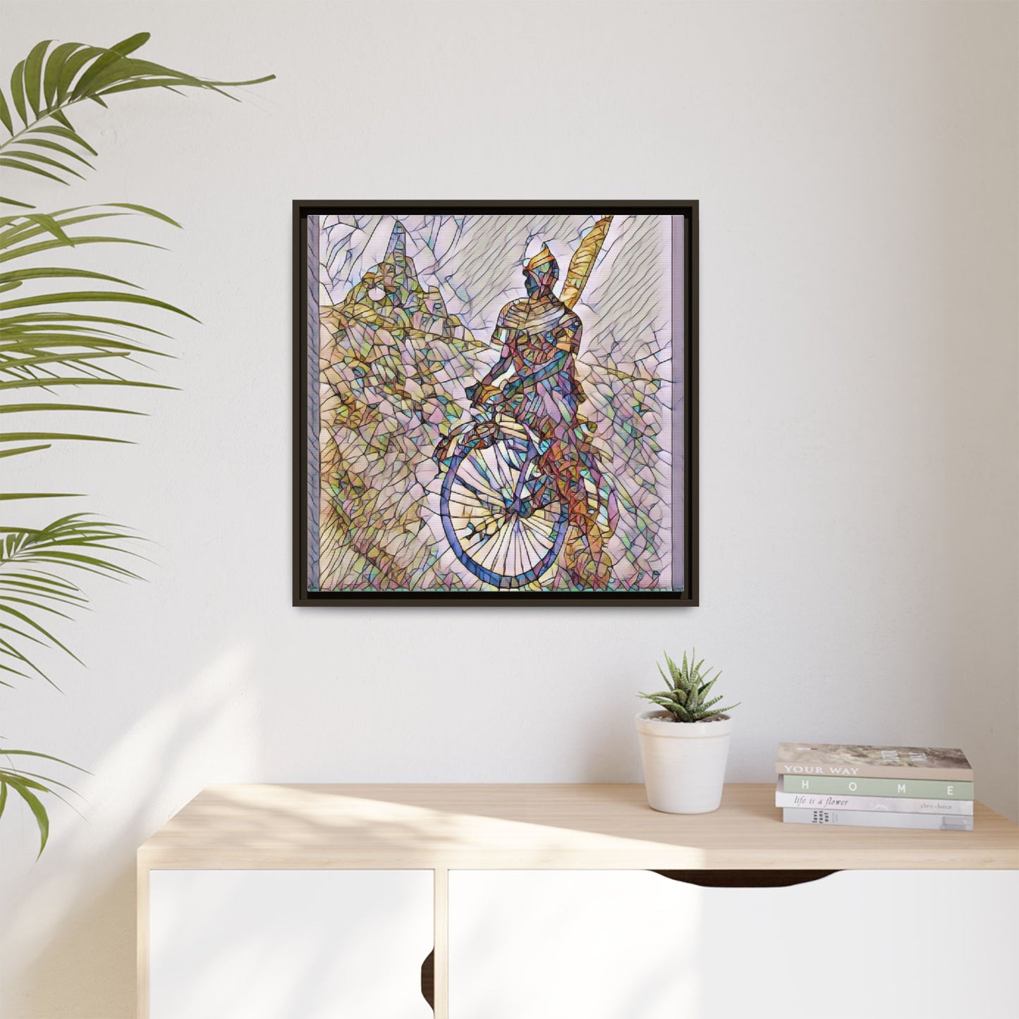 Cyclist Stained Glass Art Print — Framed Matte Canvas