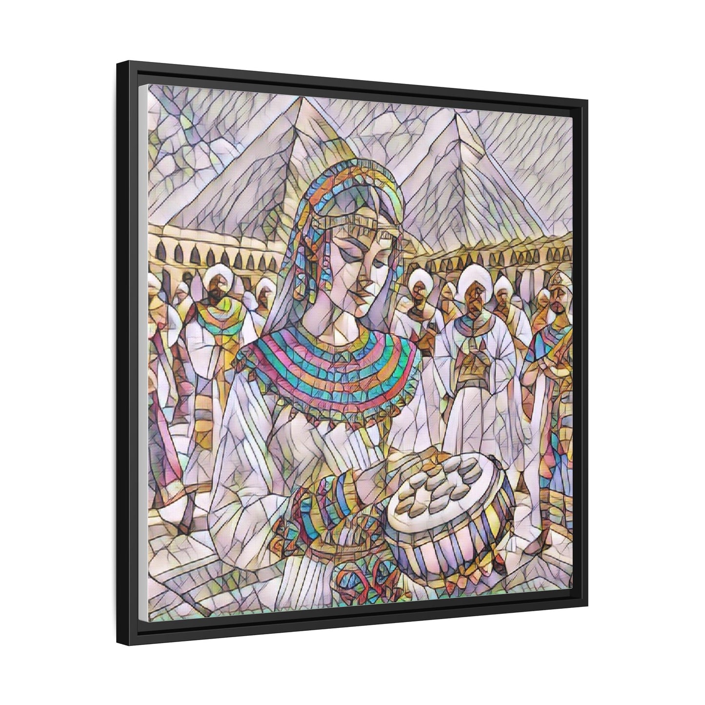 Egyptian Drum Player Framed Canvas Art — Colorful Ancient Scene Wall Decor