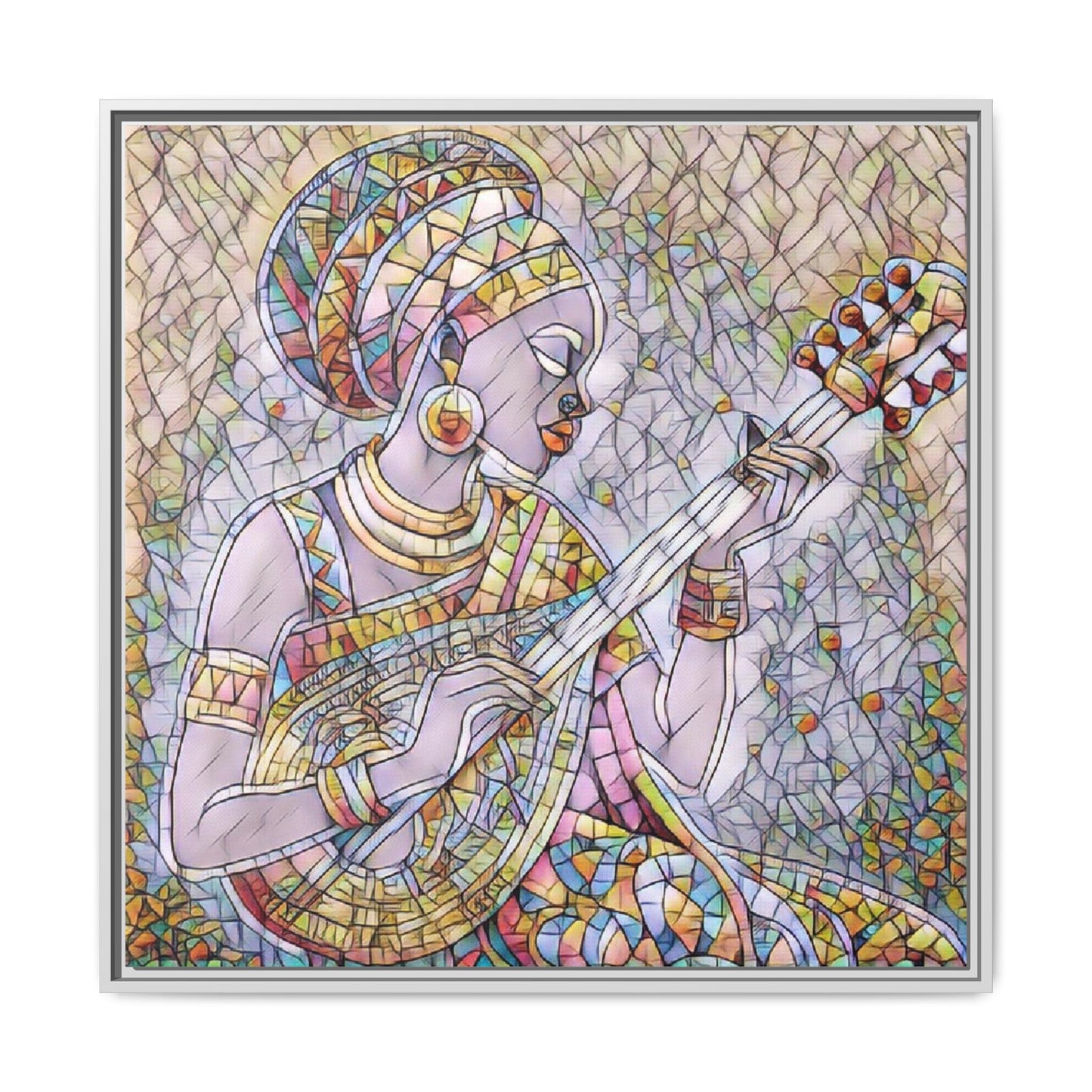 Framed Canvas Art — Colorful African Woman Playing Lute (Matte Multi‑Color)