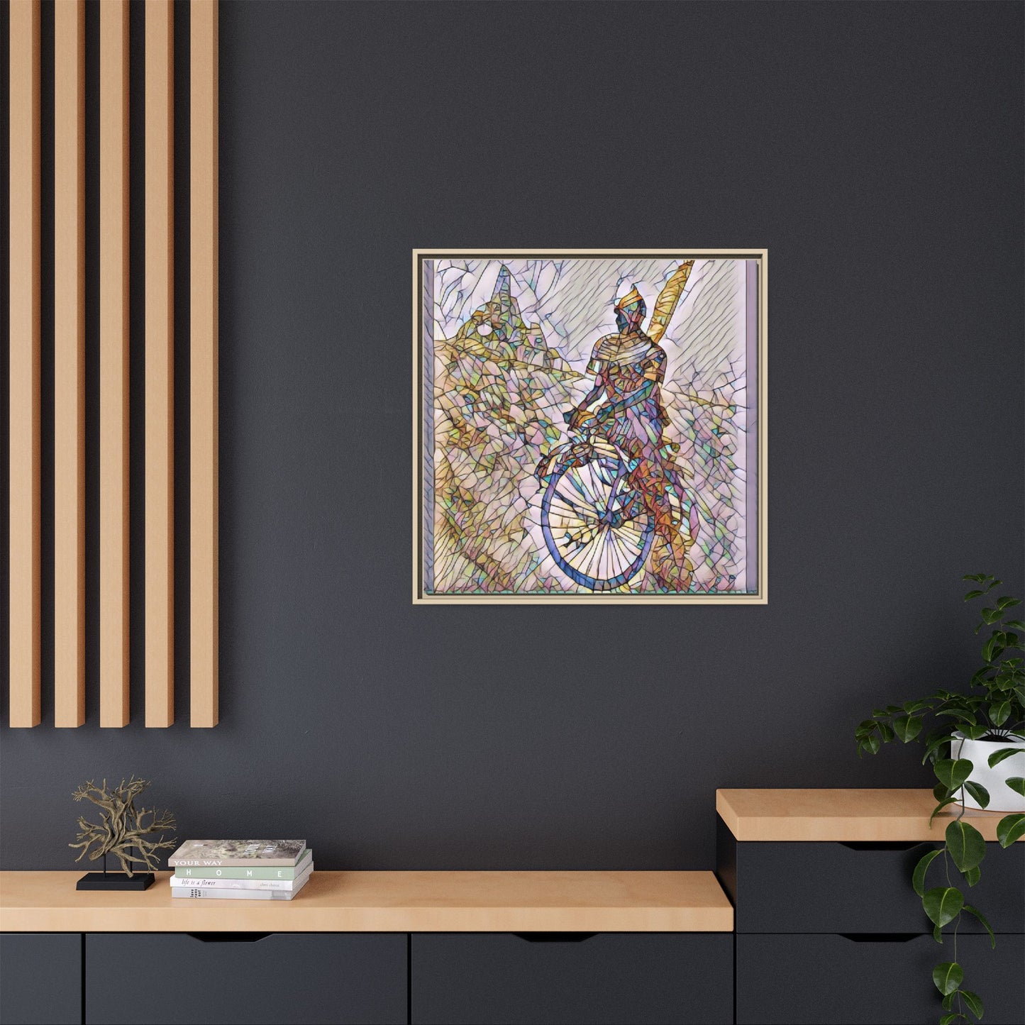 Cyclist Stained Glass Art Print — Framed Matte Canvas