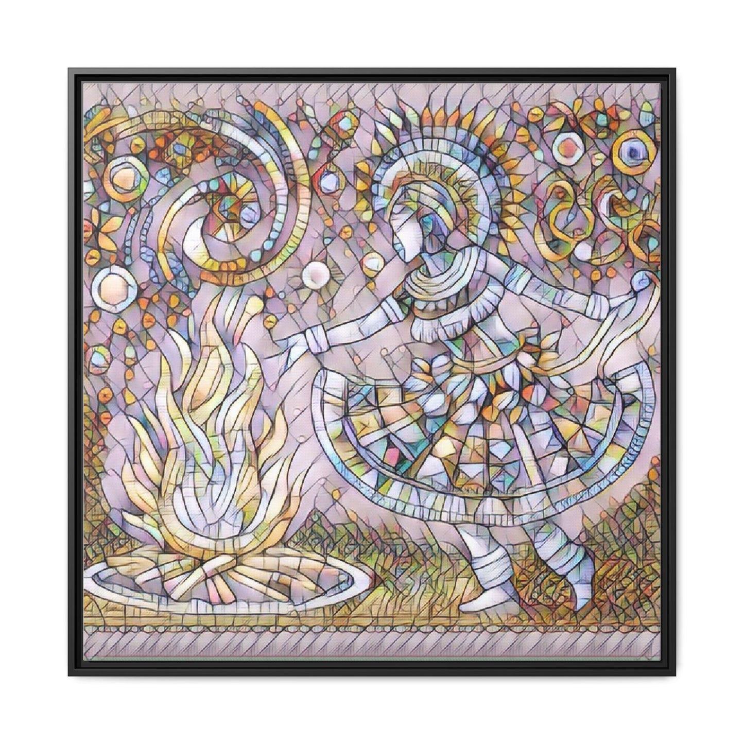 Bohemian Fire Dancer Framed Canvas Art — Colorful Folk Mosaic Wall Decor