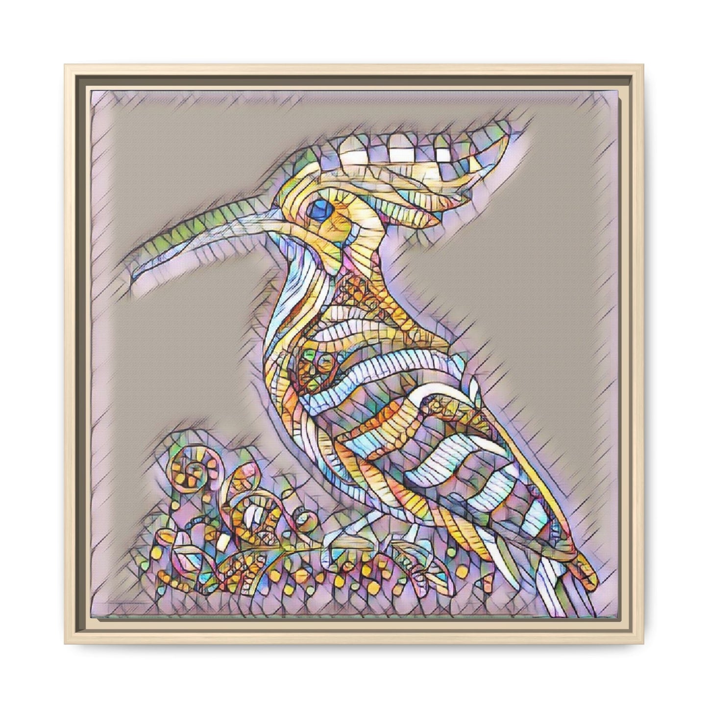 Colorful Mosaic Bird Framed Canvas Art — Whimsical Hoopoe Wall Decor
