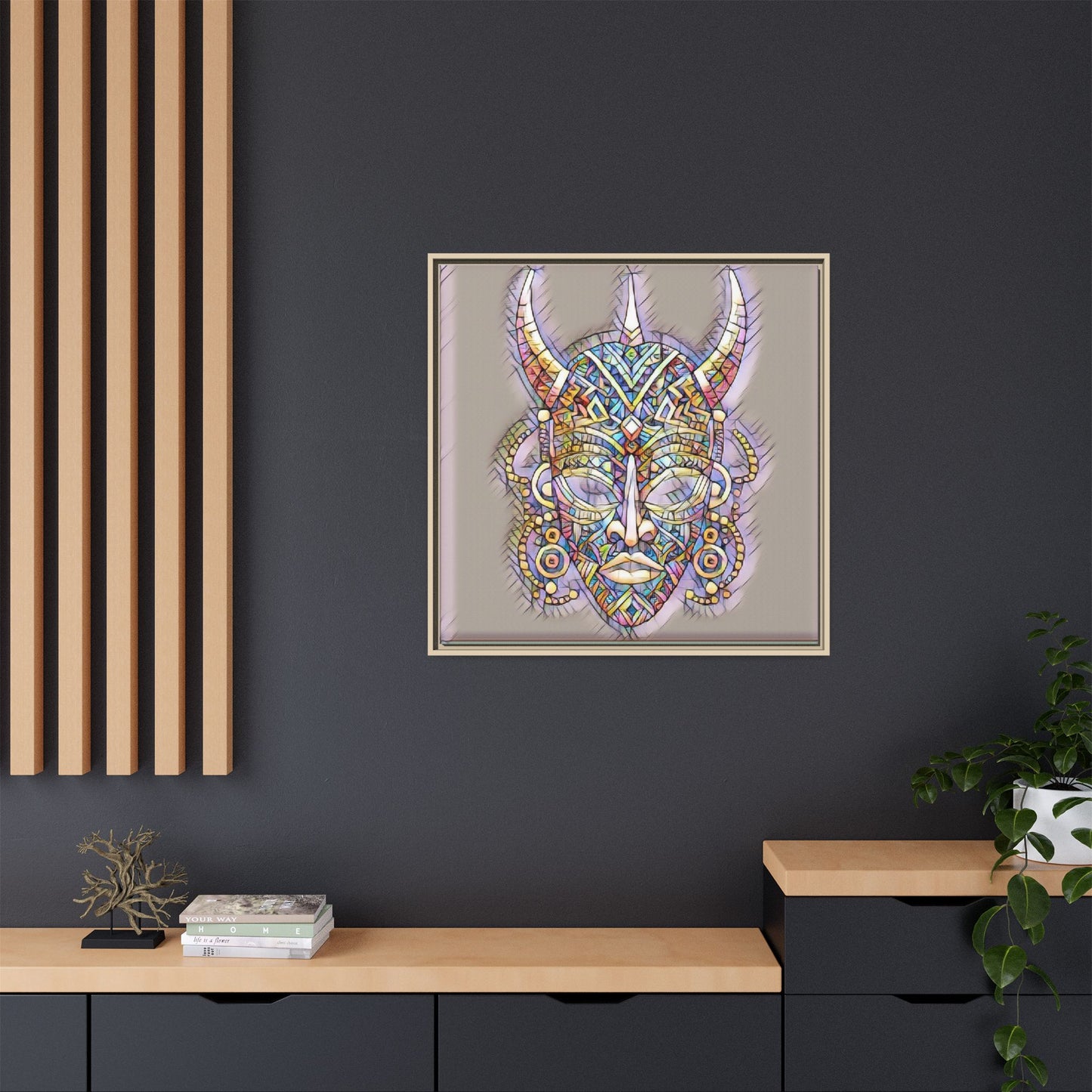 Colorful Tribal Mask Framed Canvas Art — Abstract Ethnic Wall Decor