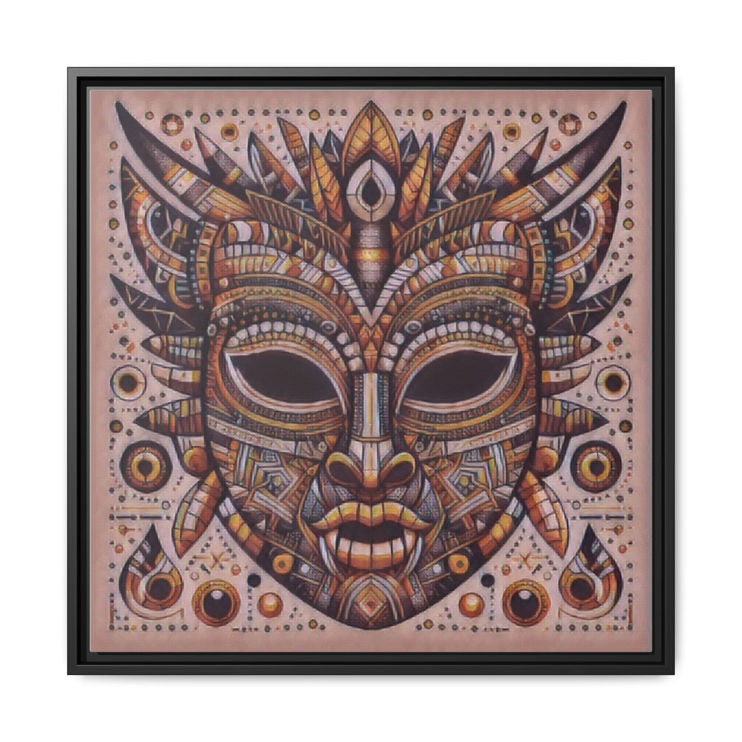 Tribal Mask Framed Canvas Art — Multicolor Matte Wall Decor