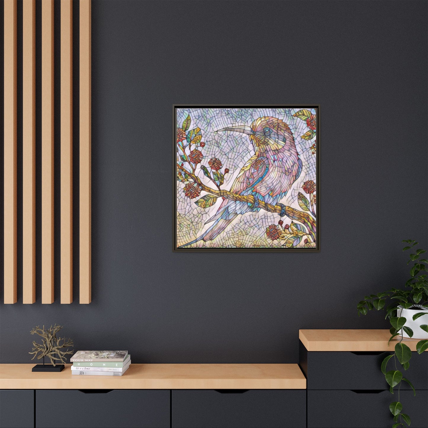 Framed Mosaic Bird Art Print — Colorful Kookaburra Wall Canvas