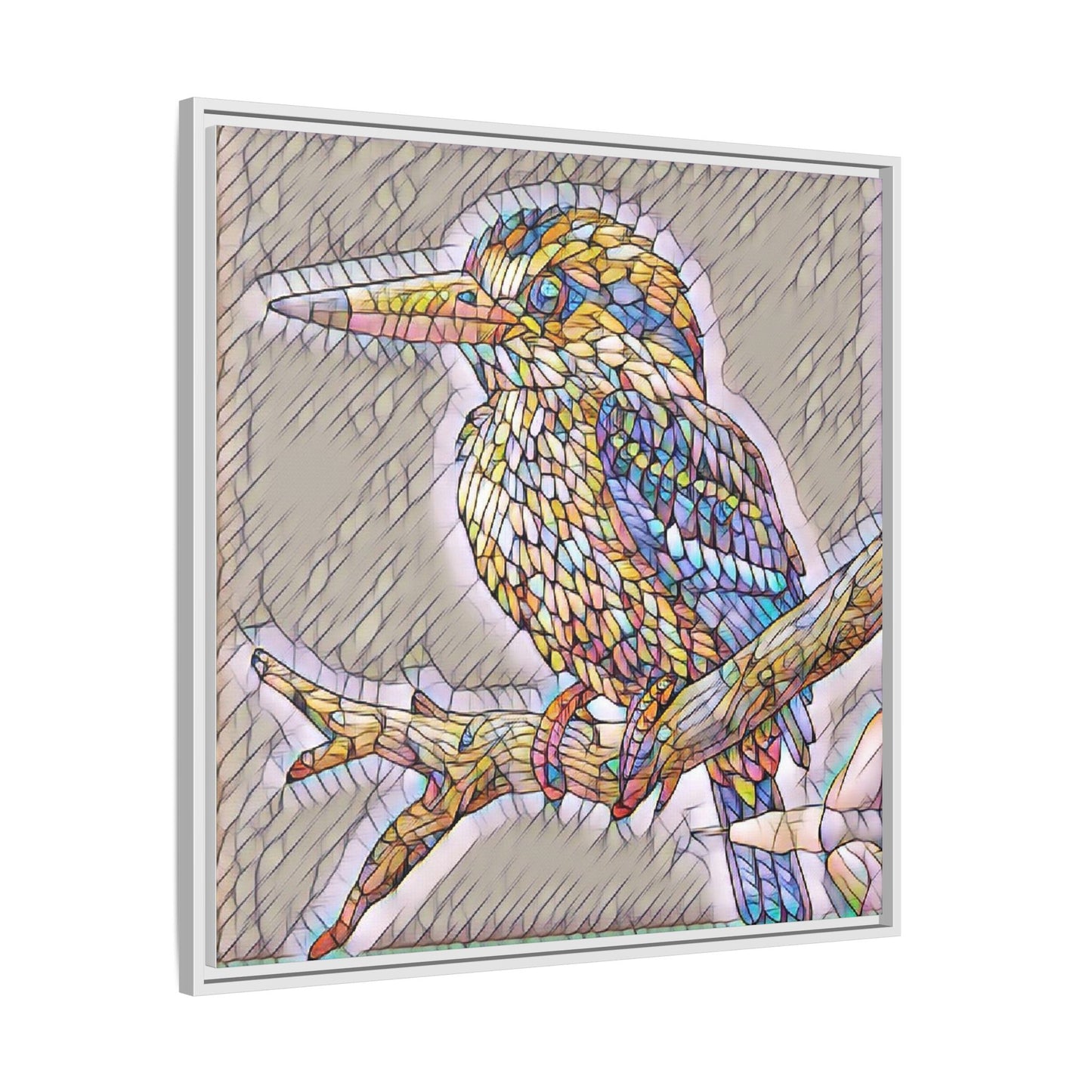 Colorful Kingfisher Framed Canvas Wall Art — Stained-Glass Style Bird Print