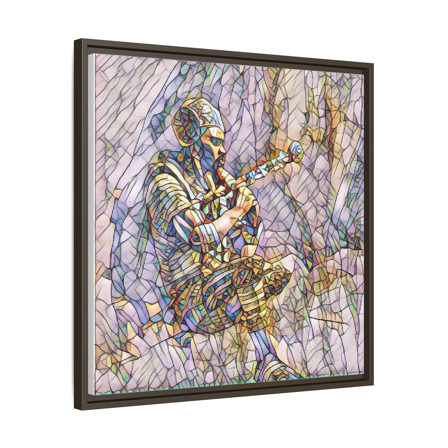 Celtic Piper Framed Matte Canvas — Stained-Glass Style Highland Bagpiper Art