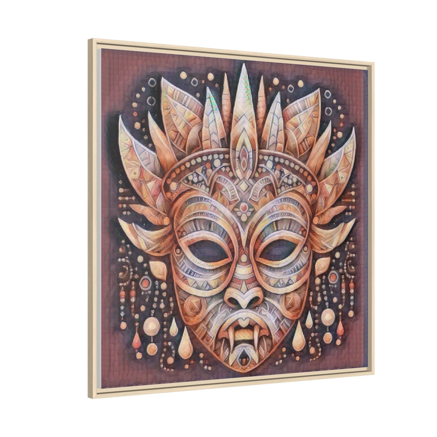 Tribal Sun Mask Framed Canvas Art — Boho Ethnic Wall Decor