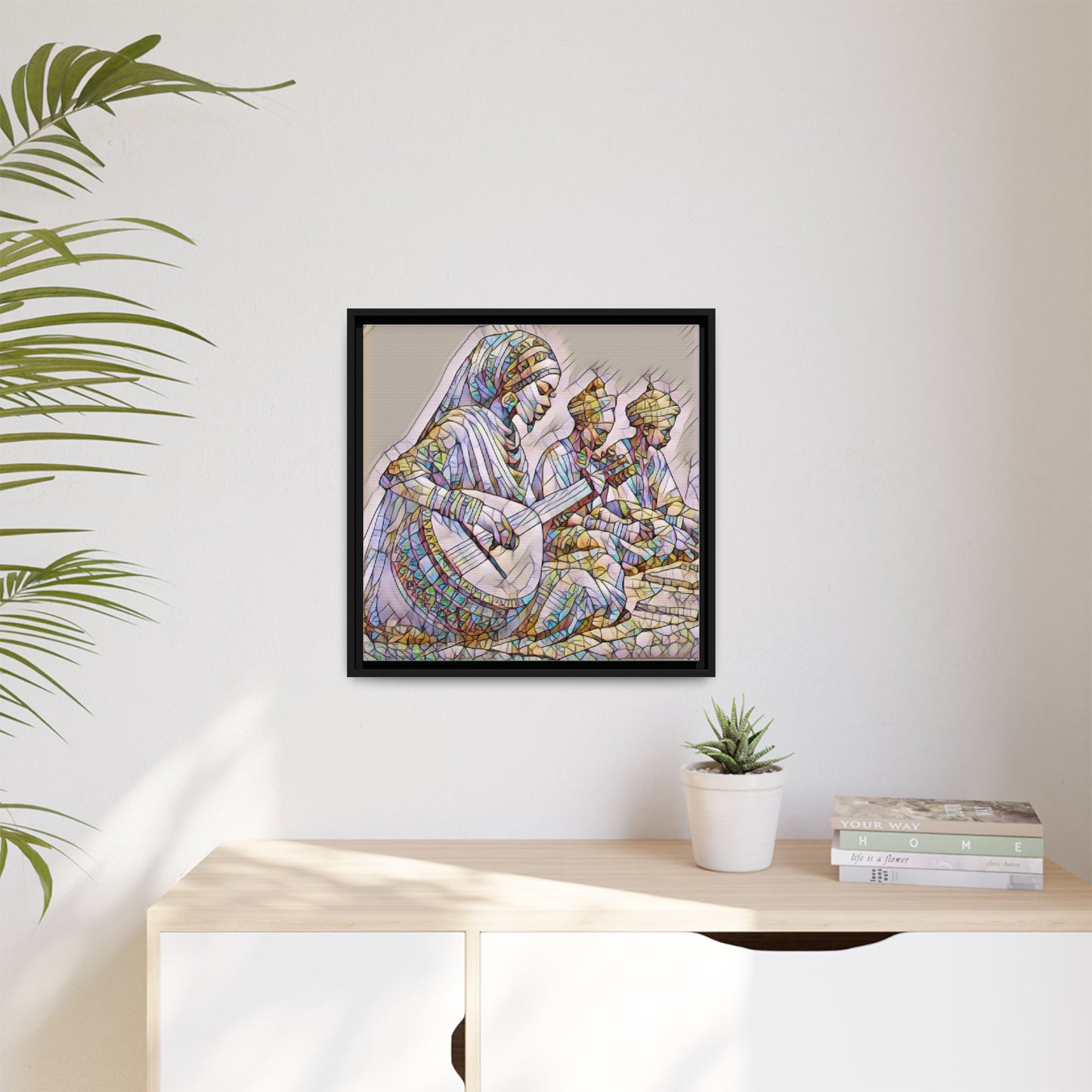 Framed Matte Canvas: Colorful Moroccan Musicians Wall Art
