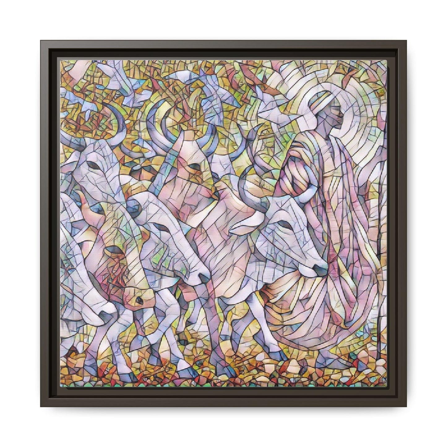 Framed Matte Canvas Art — Stained-Glass Style Cattle Herd
