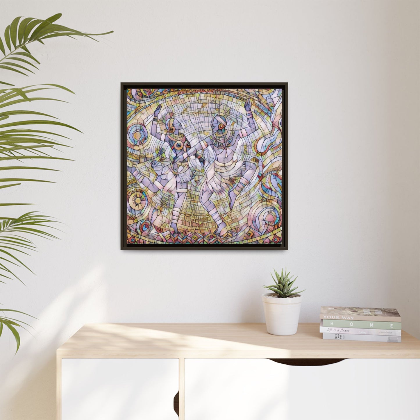 Abstract Dancers Matte Framed Canvas Wall Art — Multi‑Color Stained Glass Style