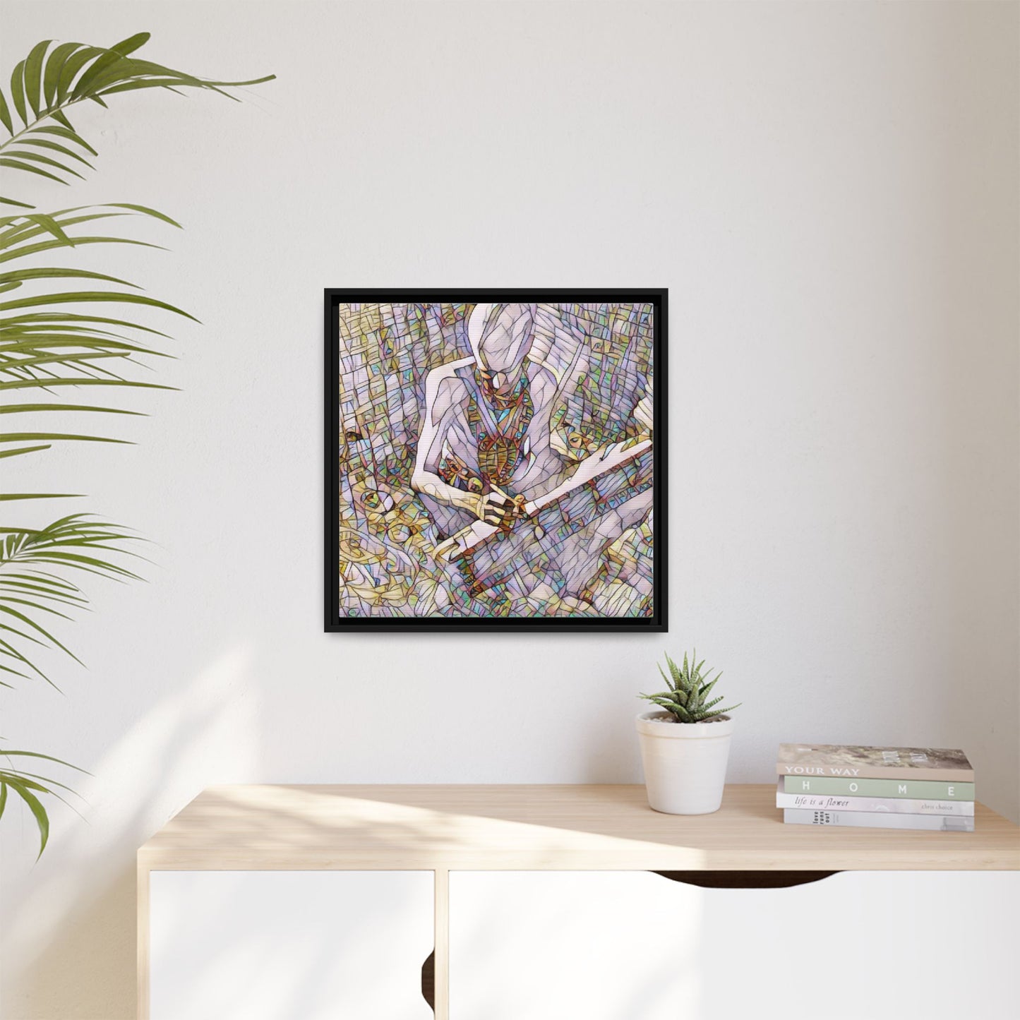 Abstract Fantasy Warrior Matte Framed Canvas — Colorful Stained-Glass Style Art