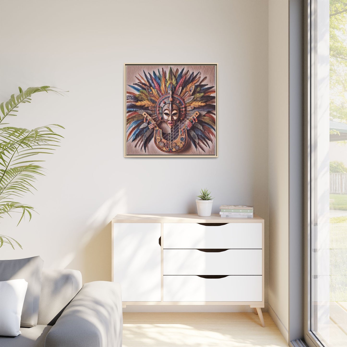 Tribal Feather Mask Guitar Framed Canvas Art — Colorful Boho Wall Decor