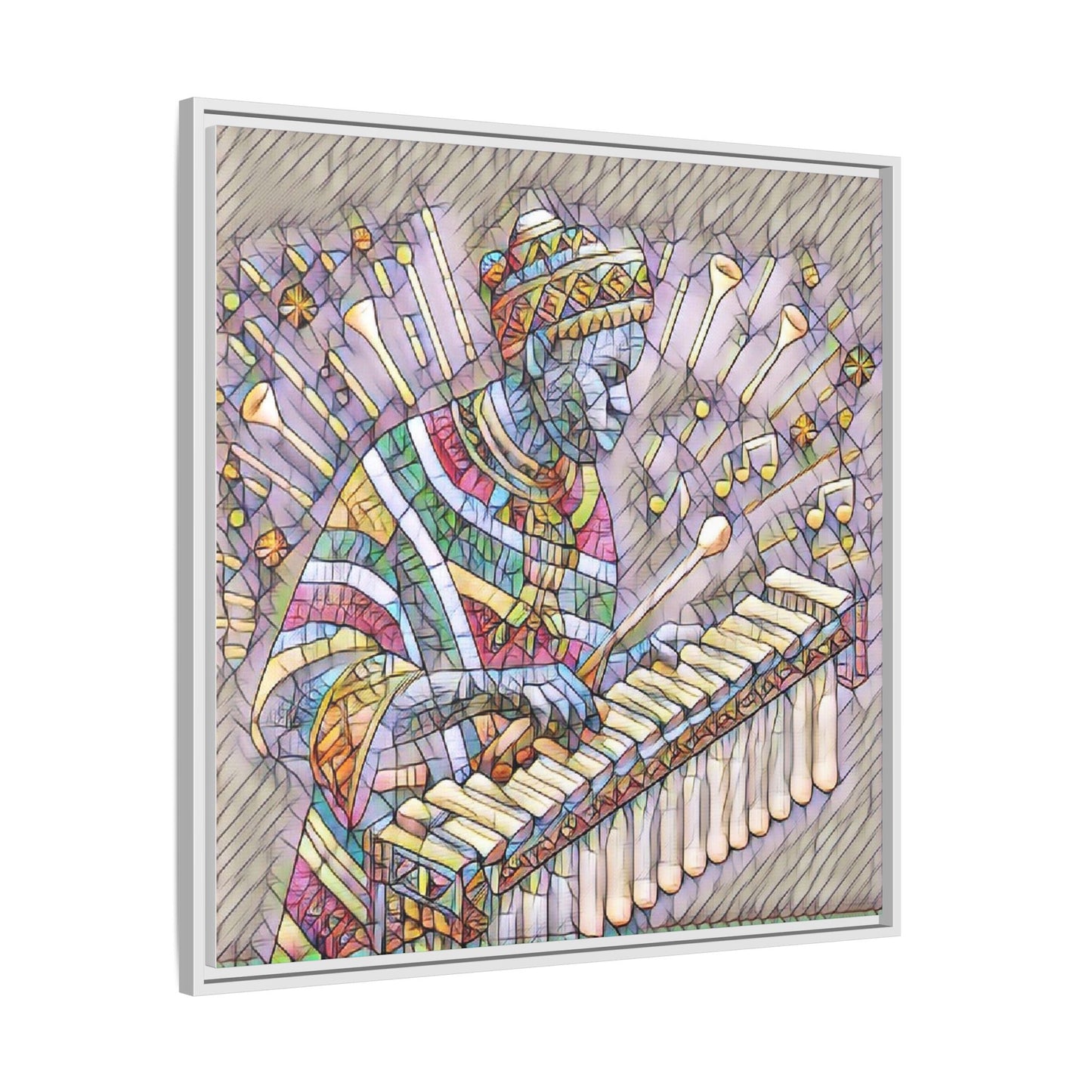 Colorful Marimba Musician Matte Framed Canvas — Vibrant African Instrument Wall Art