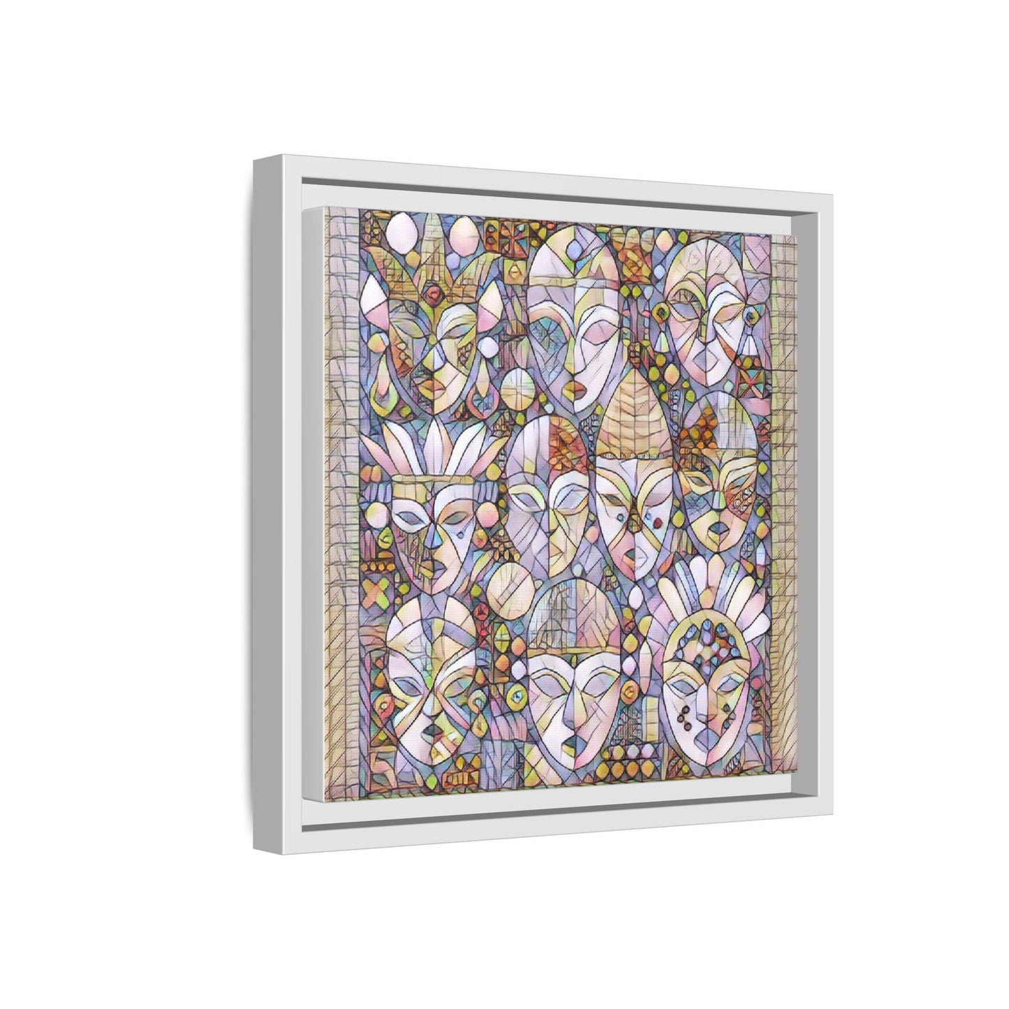 Framed Abstract Mask Art Canvas — Multicolor Stained-Glass Faces Wall Decor