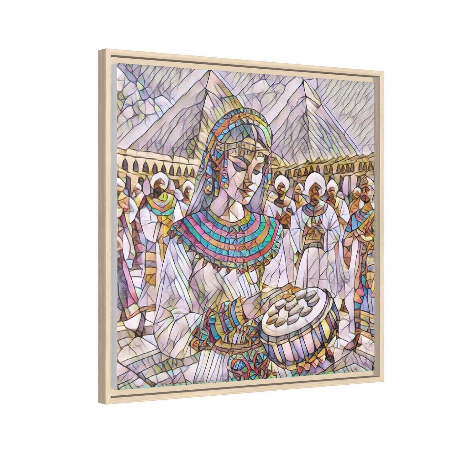 Egyptian Drum Player Framed Canvas Art — Colorful Ancient Scene Wall Decor