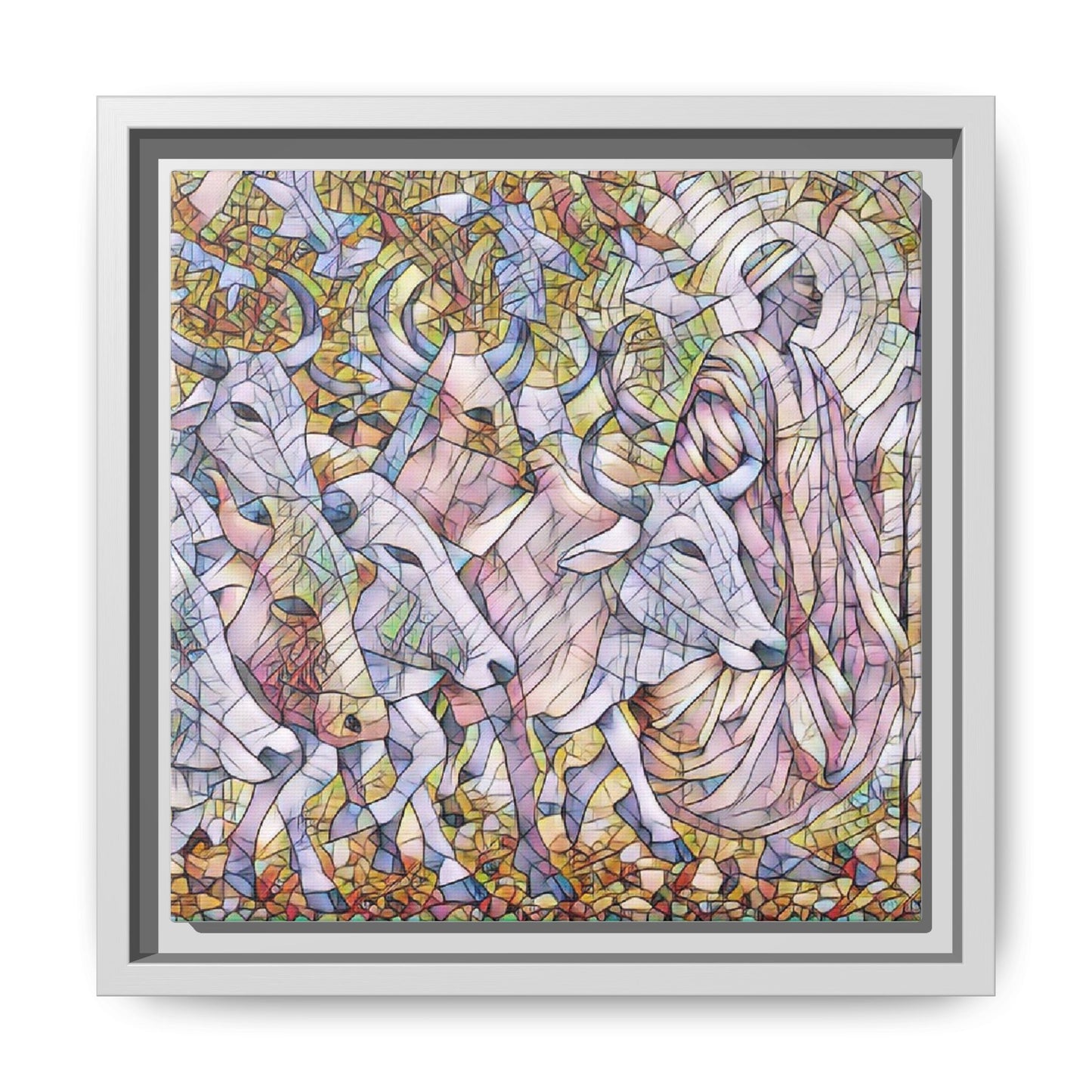 Framed Matte Canvas Art — Stained-Glass Style Cattle Herd