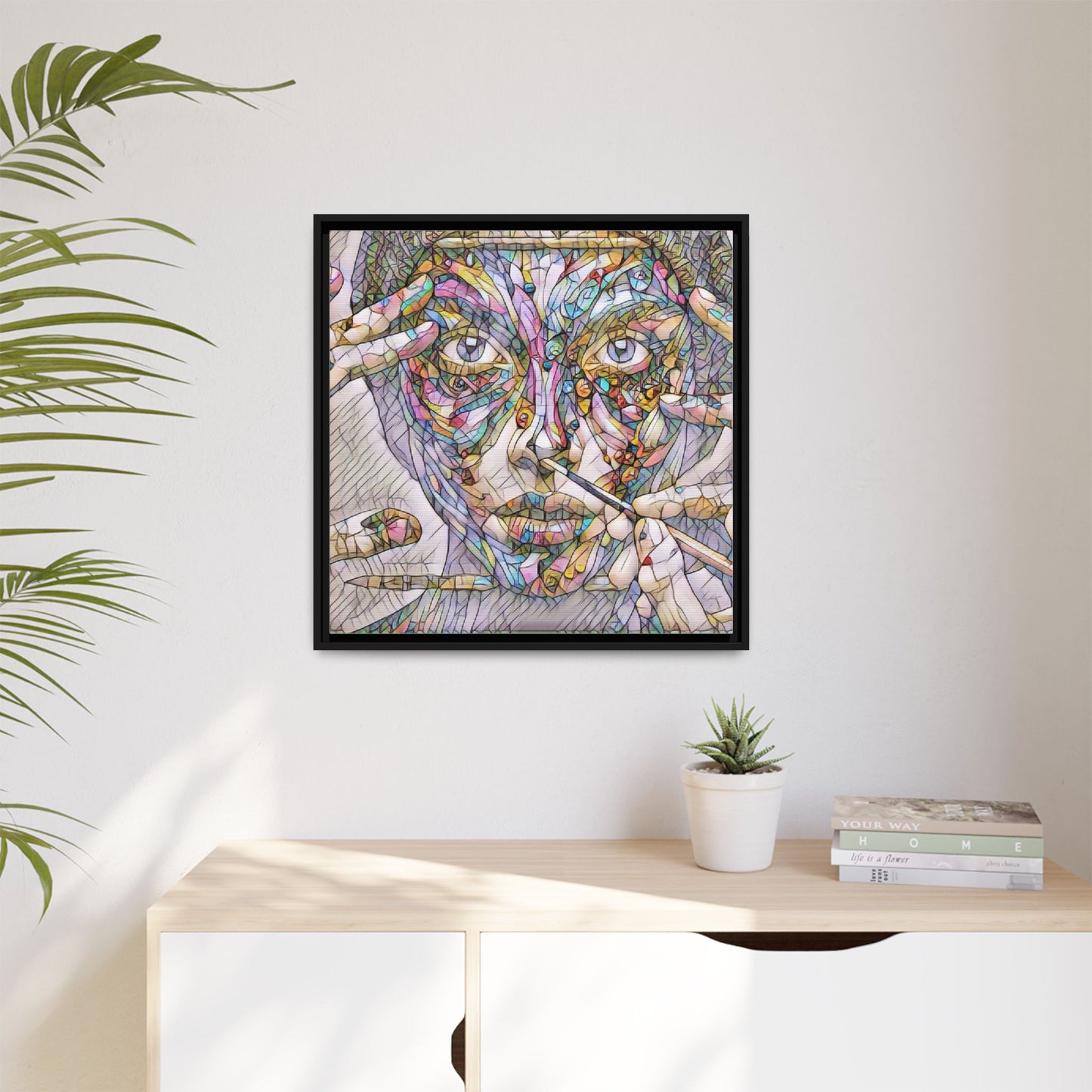Framed Abstract Mosaic Face Canvas — Colorful Modern Wall Art