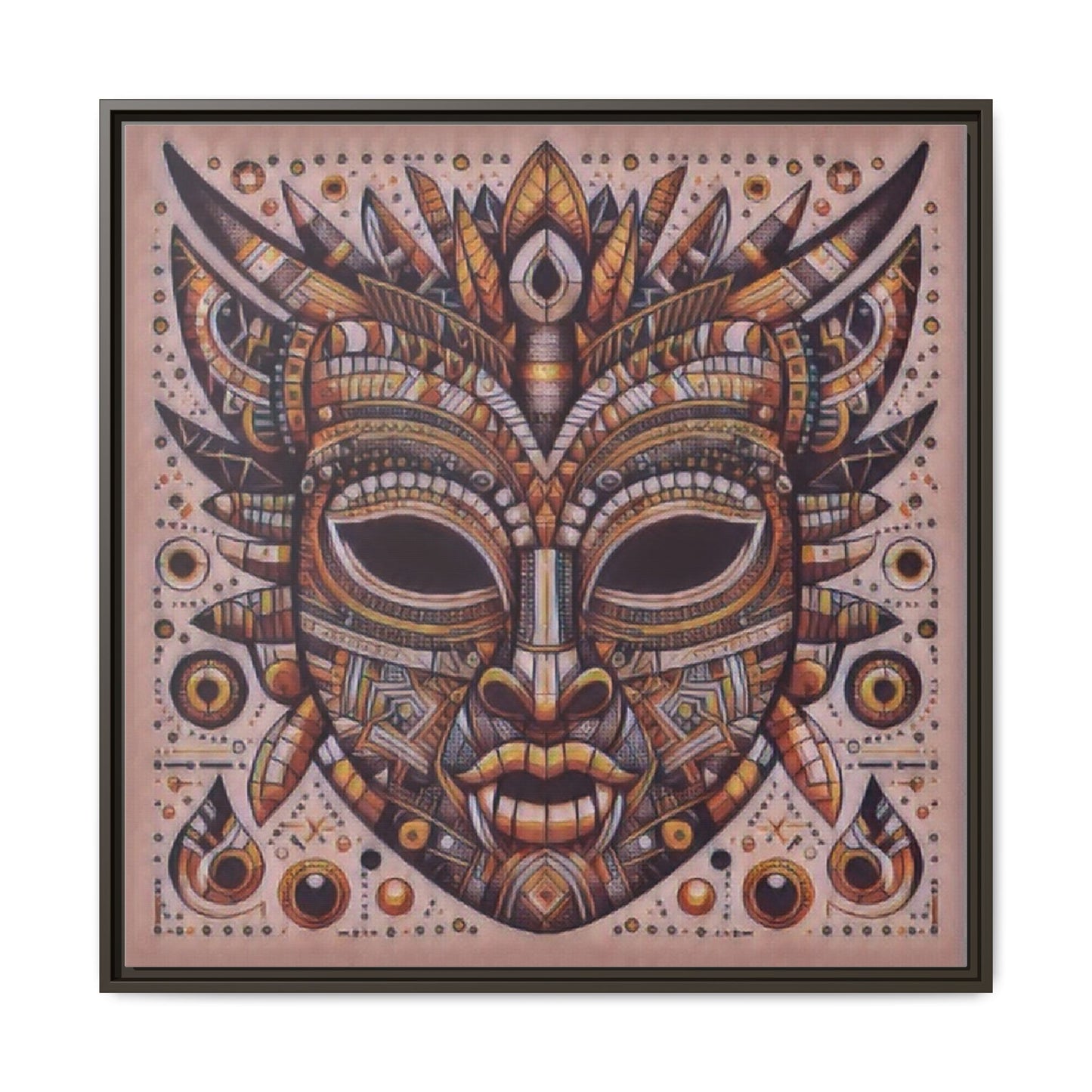 Tribal Mask Framed Canvas Art — Multicolor Matte Wall Decor