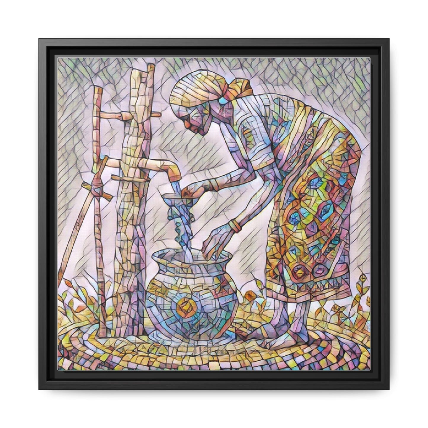 Framed Matte Canvas Art — Colorful Mosaic Woman at Well
